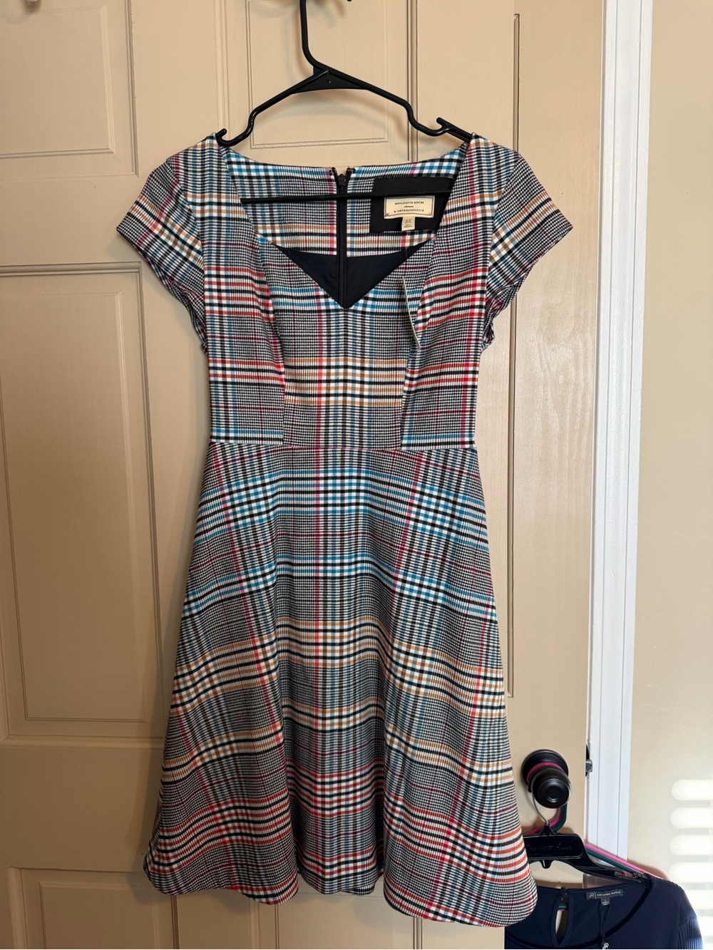 Anthropologie Plaid Fit & Flare Mini Dress in Grey with Red and Blue Accents